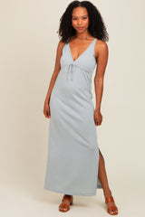 Light Blue V-Neck Side Slit Maternity Maxi Dress