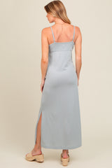 Light Blue V-Neck Side Slit Maternity Maxi Dress