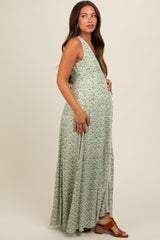 Green Floral Crochet Trim Button Down Maternity Maxi Dress