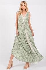 Green Floral Crochet Trim Button Down Maternity Maxi Dress