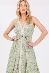 Green Floral Crochet Trim Button Down Maxi Dress