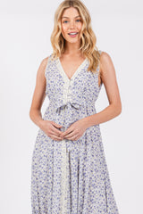 Periwinkle Floral Crochet Trim Button Down Maxi Dress