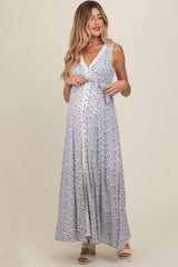 Periwinkle Floral Crochet Trim Button Down Maternity Maxi Dress