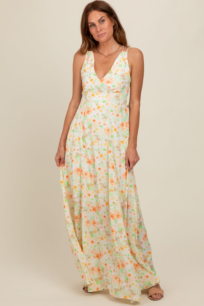 Peach Floral Crisscross Back Maxi Dress