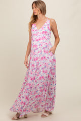 Magenta Floral Crisscross Back Maternity Maxi Dress