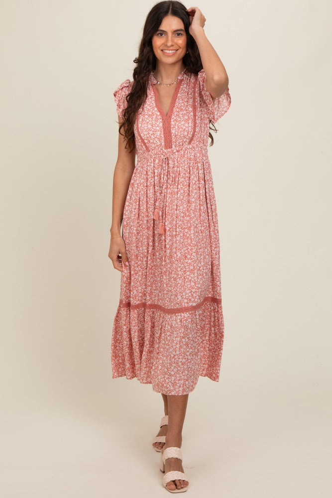 Salmon Floral Lace Trim Midi Dress