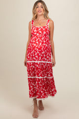 Red Floral Lace Trim Tiered Maternity Maxi Dress