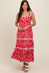 Red Floral Lace Trim Tiered Maternity Maxi Dress