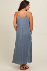 Blue Chambray Pocketed Maternity Maxi Dress