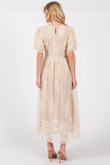 Cream Embroidered Smocked Midi Dress