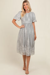 Grey Floral Lace Smocked Midi Dress