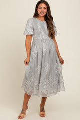 Grey Floral Lace Smocked Maternity Midi Dress