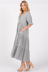 Grey Embroidered Tiered Midi Dress