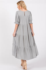 Grey Embroidered Tiered Midi Dress