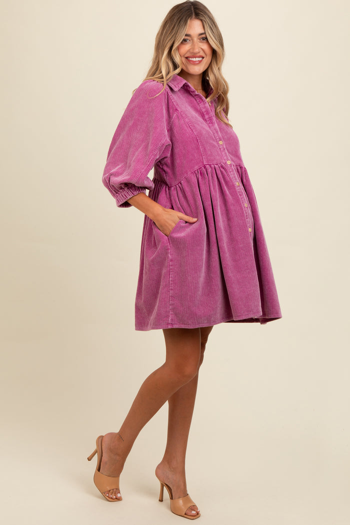 Magenta Corduroy Button Down Maternity Dress