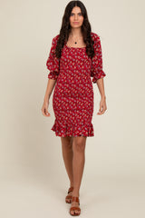 Red Floral Smocked Fitted Maternity Dress