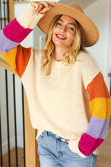 Cream Colorblock Sleeve Sweater