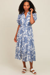 Blue Floral Ruffle Accent Button Up Midi Dress