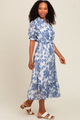 Blue Floral Ruffle Accent Button Up Midi Dress