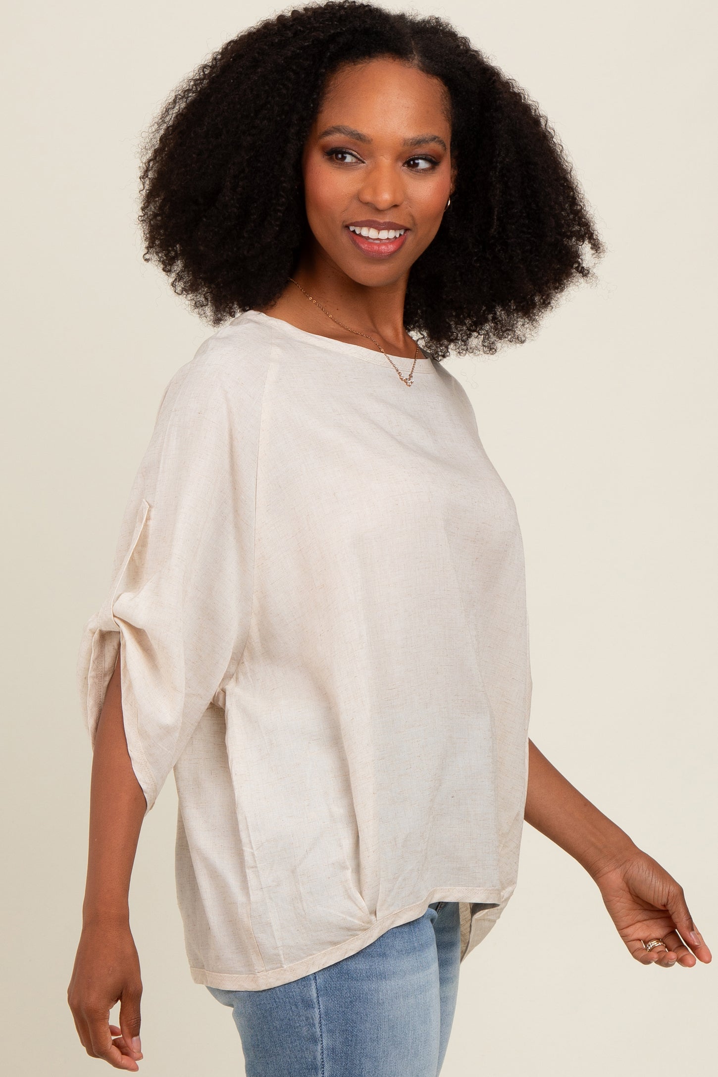 Cream Rolled Cuff Short Sleeve Top