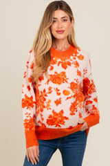 Orange Floral Crew Neck Maternity Sweater