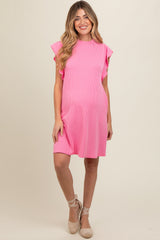 Pink Ribbed Ruffle Sleeve Maternity Dress