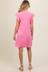 Pink Ribbed Ruffle Sleeve Maternity Dress