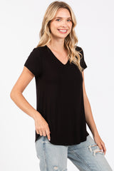 Black Basic V-Neck Short Sleeve Top