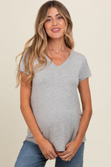 Heather Grey Basic V-Neck Short Sleeve Maternity Top