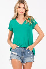 Green Basic V-Neck Short Sleeve Top