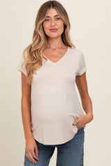 Beige Basic V-Neck Short Sleeve Maternity Top