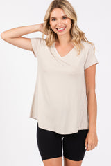 Beige Basic V-Neck Short Sleeve Maternity Top