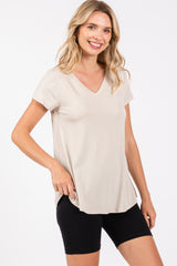 Beige Basic V-Neck Short Sleeve Top