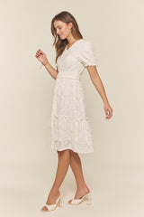 Off White Ruffle Detail Lace Dress