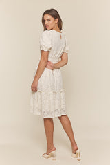 Off White Ruffle Detail Lace Dress