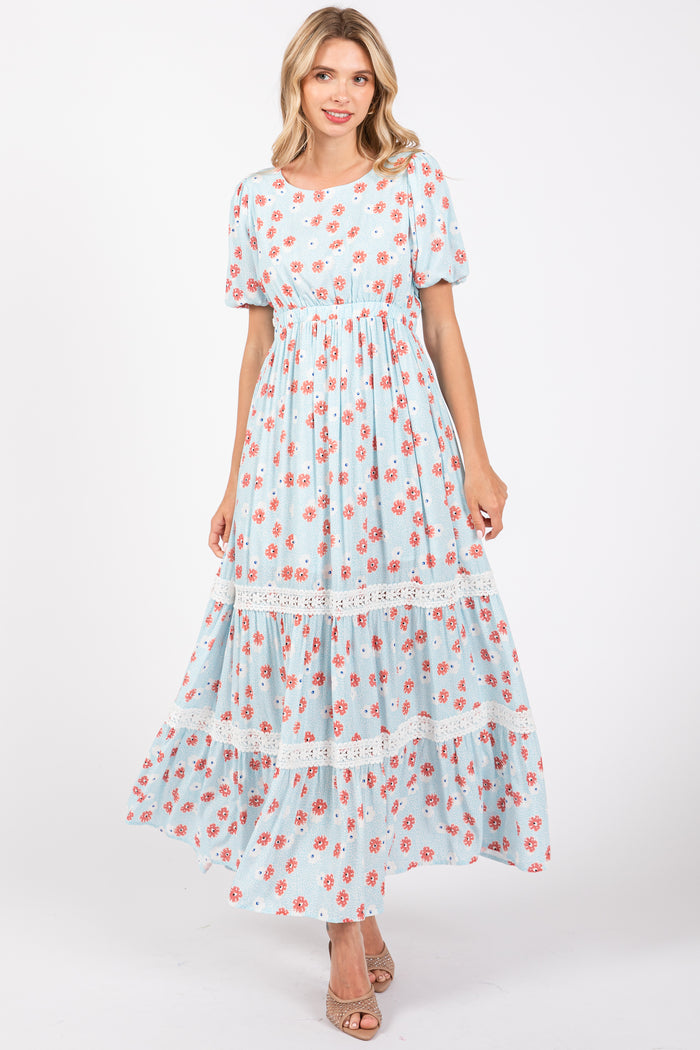 Light Blue Floral Lace Trim Maternity Maxi Dress