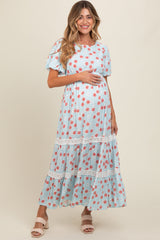 Light Blue Floral Lace Trim Maternity Maxi Dress