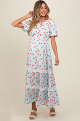 Light Blue Floral Lace Trim Maternity Maxi Dress