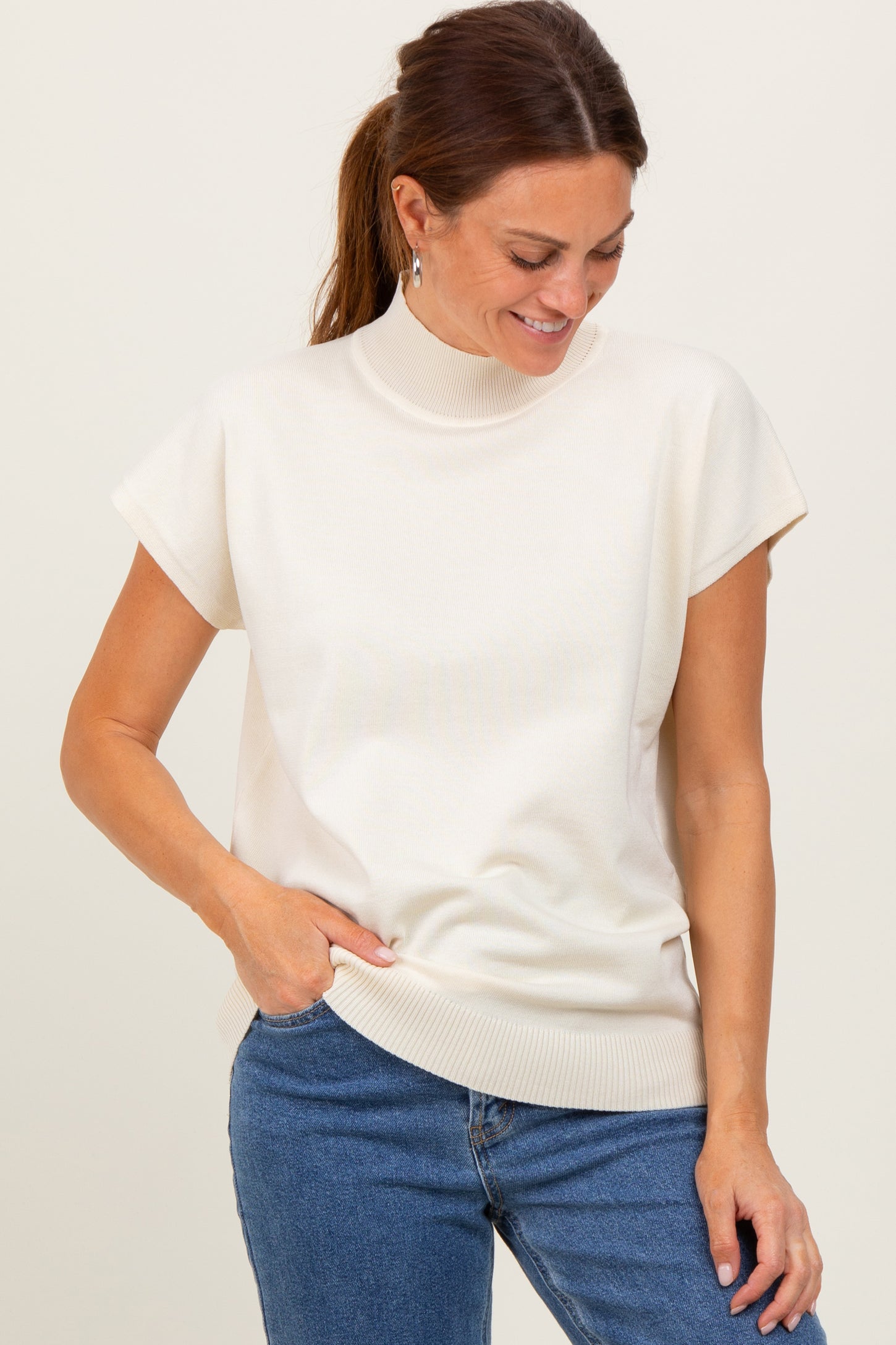 Cream Mock Neck Knit Top