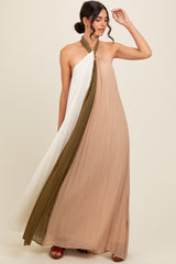 Olive Colorblock Pleated Halter Neck Maxi Dress