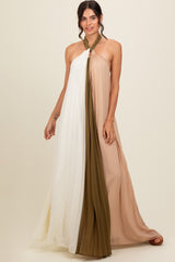 Olive Colorblock Pleated Halter Neck Maxi Dress