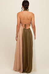 Olive Colorblock Pleated Halter Neck Maxi Dress