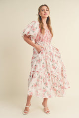 Pink Floral Smocked Puff Sleeve Midi Dress