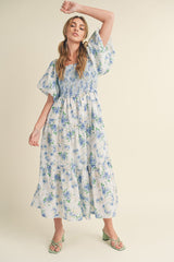 Blue Floral Smocked Puff Sleeve Maternity Midi Dress