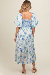 Blue Floral Smocked Puff Sleeve Maternity Midi Dress