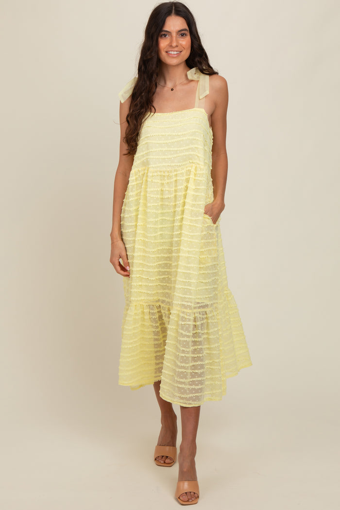 Yellow Textured Shoulder Tie Midi Dress
