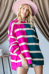 Fuchsia Striped Colorblock Dolman Knit Top