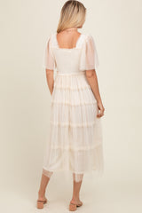 Beige Ruffled Mesh Maxi Dress