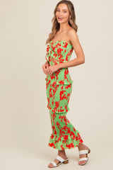 Lime Floral Smocked Drawstring Front Cutout Ruffle Trim Midi Dress