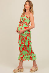 Lime Floral Smocked Drawstring Front Cutout Ruffle Trim Maternity Midi Dress